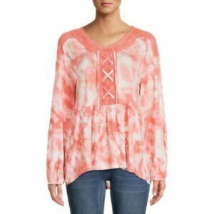 French Laundry Vintage 1X Coral Tie-Dye Drop Shoulder Tie Lace Tunic